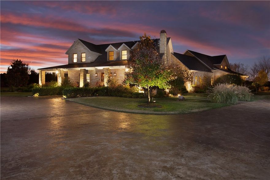 Beautiful uniquely designed 6100sqft 5BD/6.5BA Texas High Country Architecture style on 2.67 lavishly landscaped acres. 41 ambient uplighting, & sprinkler system. Sandstone walls, arch shingles, & copper roofing. 8,000sqft patterned stained concrete drive. 4 porches w/custom stone flooring. 3 King Suites. WIC closets. His&Her baths. Gourmet kitchen w/ cherry cabinets, granite, & ss appliances. Black slate, walnut & red oak hardwood floors. Computer Controlled septic. Gated community. See attachments!