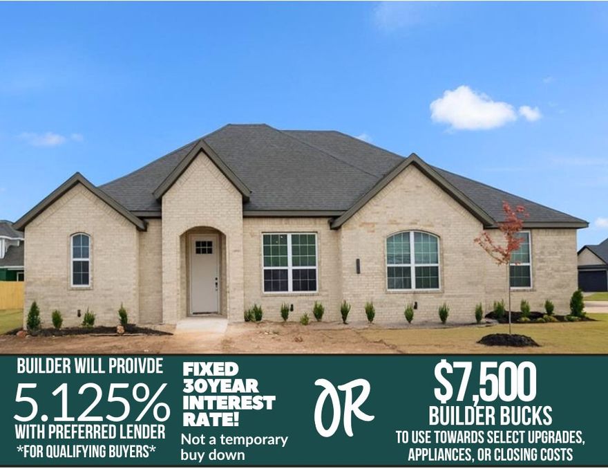 Welcome to Concord, where the builder makes homeownership easy — everything’s included! For a limited time, save on your monthly payment with an exclusive promo. On homes closing by year-end, the builder will buy down your interest rate to 5.125% (permanent fixed rate, not temporary) with use of the preferred lender for qualifying buyers — or receive $7,500 in builder bucks for closing costs, appliances, or upgrades. Fence, blinds, and gutters are all included. As Pea Ridge continues to grow into one of Northwest Arkansas’s most sought-after areas, Concord shines as the perfect place to plant your roots. This beautiful home features 4 bedrooms, 2.5 baths, and a side-load 3-car garage for extra curb appeal. Just off the garage, a mudroom connects to the utility room. The open-concept living, dining, and kitchen space creates a bright, welcoming flow, while the primary suite is thoughtfully separated for privacy. Visit Sundays 1–4 to explore all the homes standard features and tour this wonderful community.