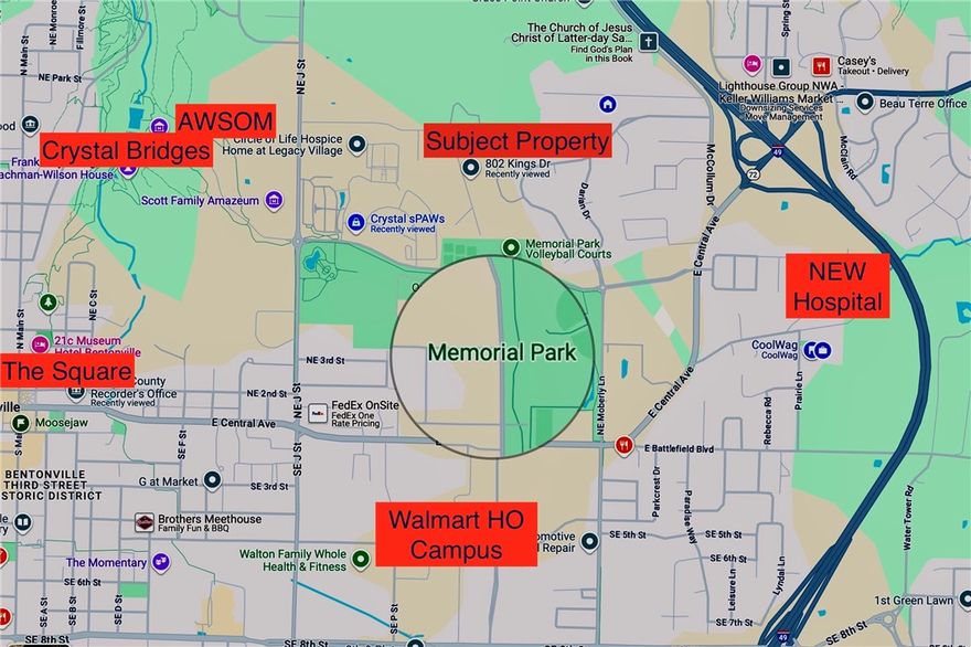 .83 Acre lot is pending a lot split into two lots and will be available at the listed price EACH, each about .41 acres. Land backs up to the David Glass Estate and is very private and beautiful but so close to everything. Great location for someone who wants to be close to the new hospitals and healthcare teaching or research facilities or want to live in town but feel like they are in the country.  Perfect location to build your dream home, walking distance to Crystal Bridges, The new AWSOM (Alice Walton School of Medicine) and Memorial Park. Only a handful of houses to pass walking or riding to the tennis courts and an easy walk/ride etc. to the town pool. One has water, sewer and electric onsite and the other has water, sewer and electric at the street/available. The wood and slab will be removed and lot will be cleaned prior to close.