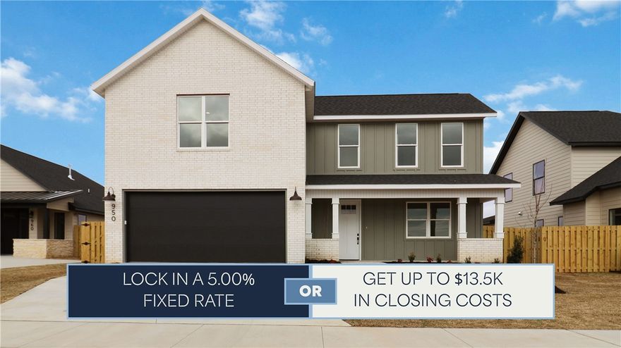 Rate as low as 5.00% or $13,500 in builder/lender credits at closing — now available on this new construction Starlight plan in Bentonville Schools.
The pinnacle of the Huber Place lineup. Every bedroom has its own ensuite bath — a rare find in new construction at any price. Vaulted ceilings and abundant natural light set the tone throughout. The primary suite features a luxurious soaking tub bath, while the gourmet kitchen with gas range is built for real entertaining. Mudroom, covered porch, 2-car garage, fully fenced backyard. Pella windows and R-15 insulation.