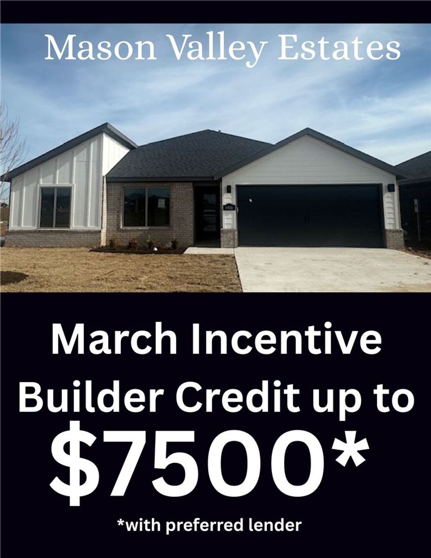 Welcome to Gladstone Plan, a stunning new construction home in the Mason Valley Estates Subdivision, located in the highly desirable Bentonville School District. Designed with both style and functionality, this 3-bedroom, 2 bath home offers a perfect blend of modern elegance and everyday comfort. The open-concept layout invites you to s ee the spacious interior. At the heart of the home, the kitchen shines with granite countertops, custom cabinetry, a large island, and premium stainless steel appliances, making it perfect for hosting or casual dining. Cozy up by the gas fireplace in the living area or enjoy the practicality of a gas range for all your cooking. With luxury finishes throughout, this home is truly designed for today’s lifestyle. Situated in an exciting new community, future amenities include a pool, adding even more value to your investment. Don’t miss your chance to own the Gladstone Plan. Schedule your showing today and take advantage of the $4,000 builder credit, and up to $3,500 lender credit.