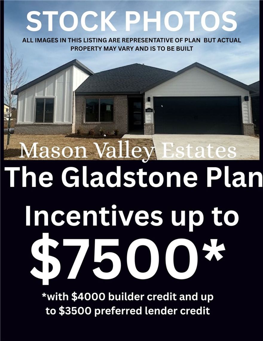 Welcome to Gladstone Plan, a stunning new construction home in the Mason Valley Estates Subdivision, located in the highly desirable Bentonville School District. Designed with both style and functionality, this 3-bedroom, 2 bath home offers a perfect blend of modern elegance and everyday comfort. The open-concept layout invites you to s ee the spacious interior. At the heart of the home, the kitchen shines with granite countertops, custom cabinetry, a large island, and premium stainless steel appliances, making it perfect for hosting or casual dining. Cozy up by the gas fireplace in the living area or enjoy the practicality of a gas range for all your cooking. With luxury finishes throughout, this home is truly designed for today’s lifestyle. Situated in an exciting new community, future amenities include a pool, adding even more value to your investment. Don’t miss your chance to own the Gladstone Plan. Schedule your showing today and take advantage of the $4,000 builder credit, and up to $3,500 lender credit.