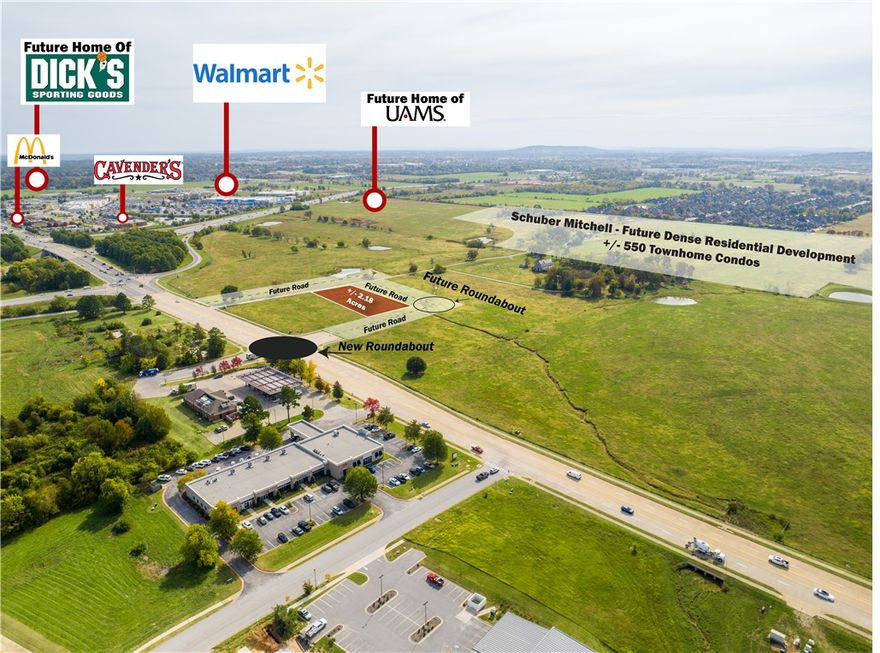 Exceptional Site Development Opportunity! +/- 2.18 acres of prime commercial land just off I-49 in
Rogers. This highly visible site offers direct access from Exit 81 and boasts full utility access—water,
sewer, and gas at the street, and electric on site. The current site plan is preliminary; shape, size, and
access are subject to change and can be tailored to suit the end user. Surrounded by top national retailers —Walmart, Starbucks, Chick-fil-A, McDonald's, Academy, Ross, and a future Dick's Sporting Goods—this location is ideal for high-traffic commercial use. Traffic counts reach +/- 110K VPD on I-49 and 18K on W Pleasant Grove Rd. Perfect for restaurants, QSRs, pharmacies, coffee shops, banks, and general retail. Just 2.5 miles to Top Golf and Walmart AMP, 10 minutes to Walmart’s new HQ, and under 20 minutes to XNA. UAMS is building next door, and Schuber Mitchell Homes plans +/- 520 units nearby. Avg. household income within 1 mile is +/- $170K—driving growth at this dynamic location.
