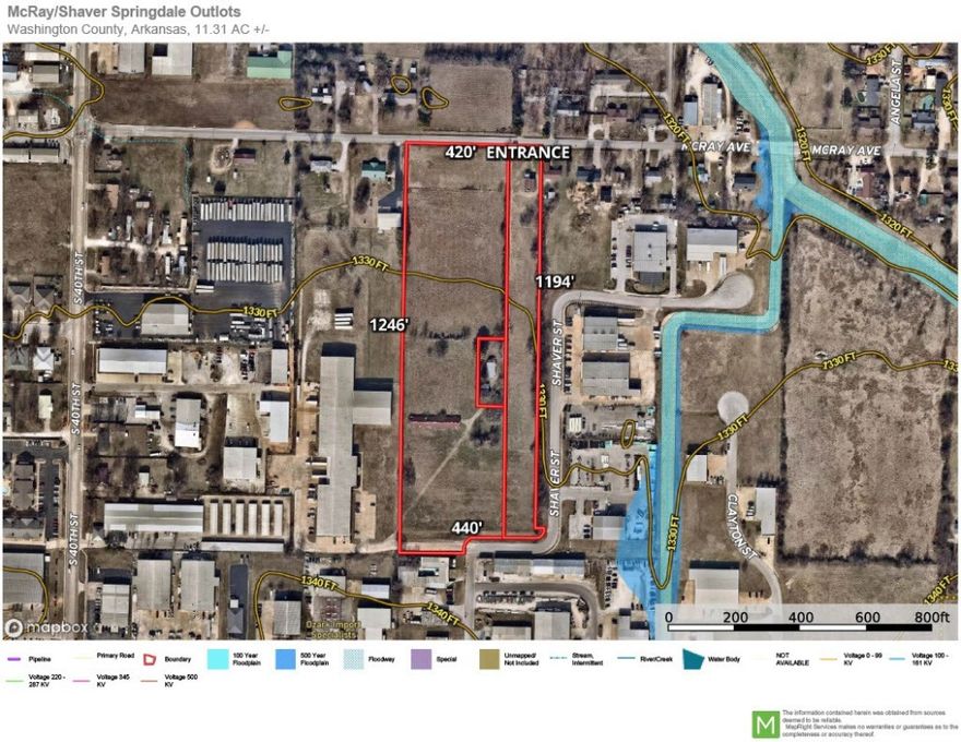 Rare +/- 11.31 acres of commercially developable land .25 miles from Sunset/Highway 412W, and .80 miles from I-49. The land is flat with all utilities on or adjacent to the property. It has over 200+ feet of frontage on both Shaver and McRay, is currently zoned A-1, yet is surrounded by C-2 and some I-1 zoning. Older cinderblock garage building for storage or construction office. Ideal for your next commercial or light industrial development.