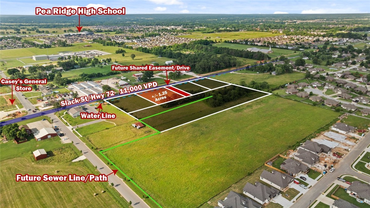 +/- 1.25 acres of level, cleared land right off Slack St/Hwy 72 in Pea Ridge, with approx. 225' of road frontage and around 10,000 VPD for high visibility. Zoned C-1 Neighborhood Commercial, this prime location is ideal for a bank, medical or general office building, retail space, or restaurant. Situated near the upcoming Casey's General Store, this property is in a thriving area. Pea Ridge is one of Northwest Arkansas' fastest growing cities, with over 400 building permits issued in 2023, surpassing even Springdale, AR!