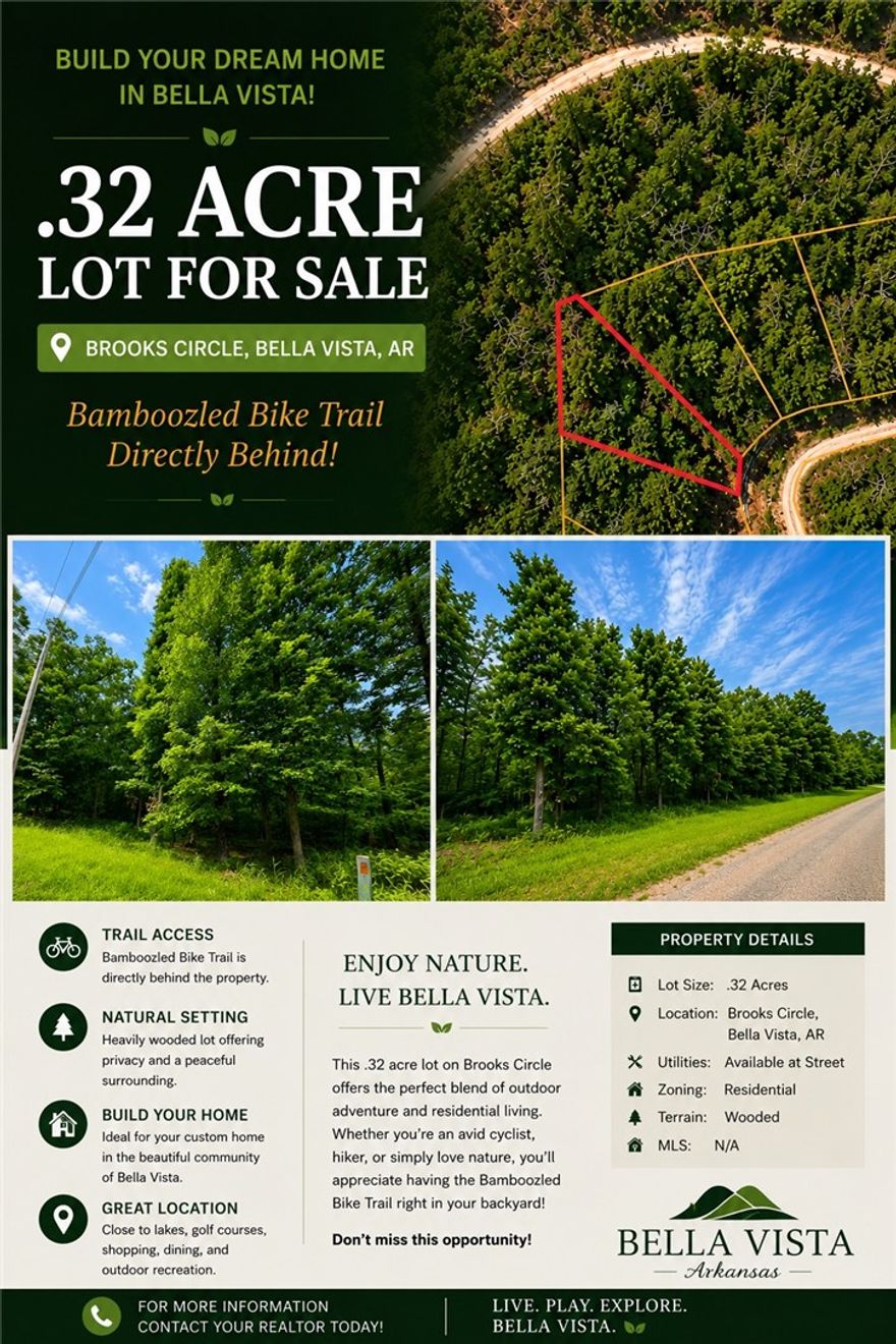 Beautiful wooded .32 acre lot in Bella Vista offering a peaceful natural setting with mature trees and gently sloping terrain with direct access to Bamboozled trail behind the lot. Ideal opportunity to build your dream home surrounded by nature while still being close to trails, lakes, golf courses and all the amenities Bella Vista has to offer. Enjoy privacy, scenic surroundings, and easy access to outdoor recreation in one of Northwest Arkansas’ most sought after communities. No survey or soil percolation test has been completed on the lot. No sellers property disclosure will be provided. Agent Owned