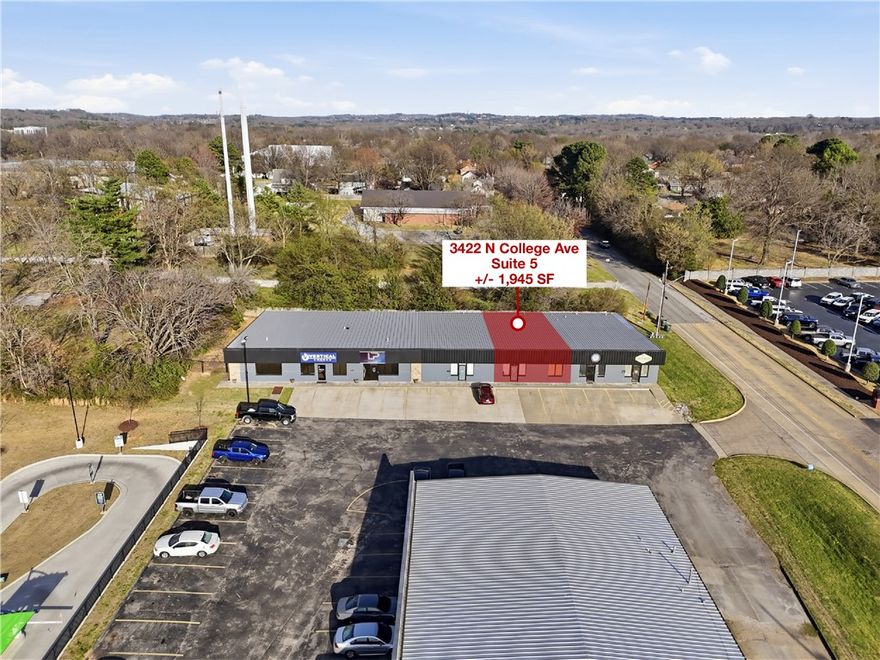 Versatile +/- 1,945 SF space available for lease in a high-visibility location off N College Ave, which see approx. 33,000 VPD and offers convenient access to the US-71 on-ramp. Currently utilized as a church, the property is well suited for a wide range of uses including professional office, medical or therapy practice, retail, childcare, etc. The layout features a reception area, 3 individual rooms that can function as private offices, conference rooms, patient rooms, or storage areas, and a restroom. An expansive open area provides flexibility for collaborative workspace, therapy activities, children's play areas, or event space. With its adaptable floor plan, strong traffic counts, and strategic location, this property presents an excellent opportunity for businesses seeking both visibility and flexibility.