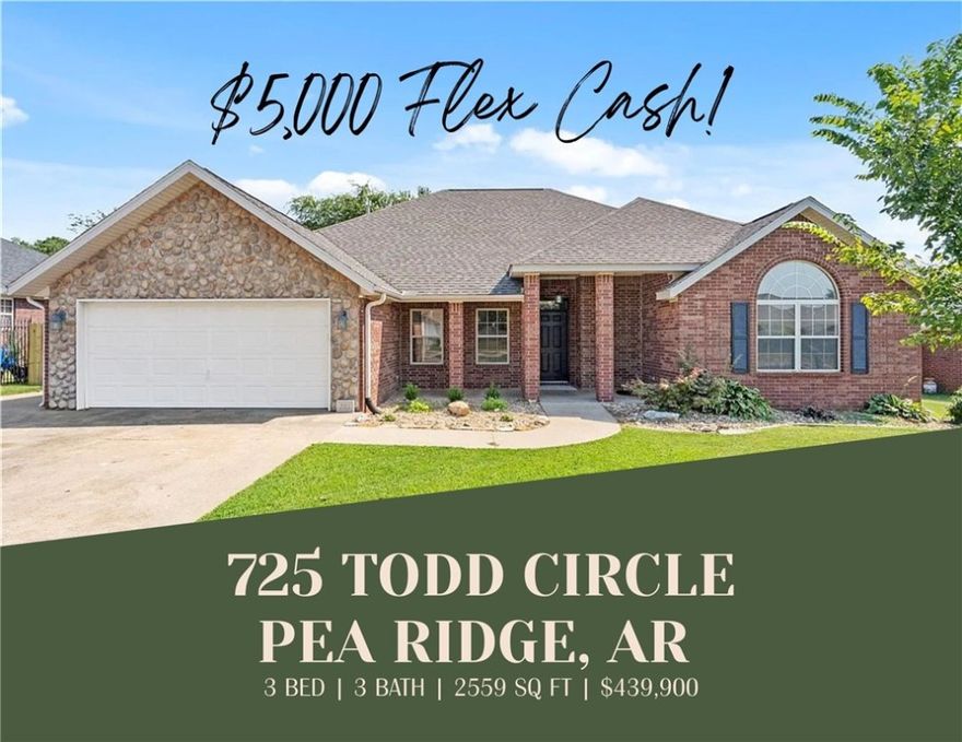 Best value in Pea Ridge!  Discover this beautifully remodeled 2,559 sq. ft. family oasis priced under $440,000 and only 14 minutes to the new Walmart HQ! Move-in ready with brand new LVP flooring, carpet, paint, granite countertops, sinks, faucets, stainless appliances, roof, HVAC, door & bath hardware, and lighting fixtures. Enjoy the style and peace of mind of new construction without the wait or HOA fees. Spacious layout includes a large kitchen, oversized laundry, and versatile 2nd living suite with fireplace and half bath—ideal for a 4th bedroom, office, playroom, or media space. Perfect for a large family with room to spread out inside and out! Outdoor living features a covered deck, stone patio with firepit, walkways, kids playhouse and open space behind the home. Only ½ mile to the Jr. High, 1 mile to the Primary, and 1.3 miles to the High School. Truly the best bang for your buck in Pea Ridge! Plus $5,000 Flex Cash for Buyer’s closing costs, rate buy-downs, or additional home upgrades!