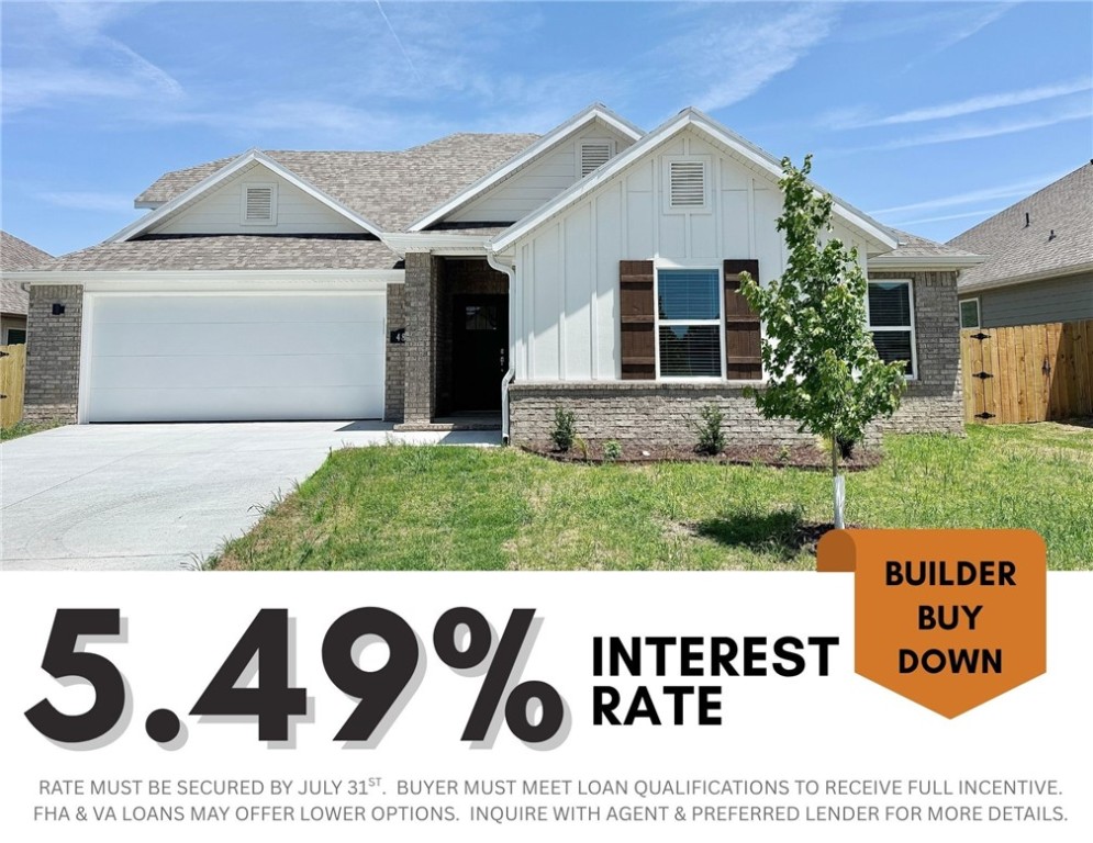 5.49% INTEREST RATE/BUILDER BUY DOWN & fence, blinds and gutters included! Veronica Bonus Plan-New Construction home in the beautiful subdivision of Towne West. New Middle School across the street AND 2 Miles to Centennial Park. Short distance from downtown & the University of Arkansas, this home offers convenience & accessibility to everything the area has to offer. Upgrades in this home are sure to impress, with features such as quartz countertops, stainless steel appliances, linear fireplace, painted case opening in the living room, wainscoting in the entry & LVP flooring. Spacious open floor plan allows for entertaining, while the bedrooms offer space for rest and relaxation. The 4th bedroom upstairs would also be a perfect bonus room. Fully fenced backyard with sod and covered patio to relax on. Great investment opportunity, with its desirable location, modern features making it an attractive option for both personal enjoyment and financial gain.