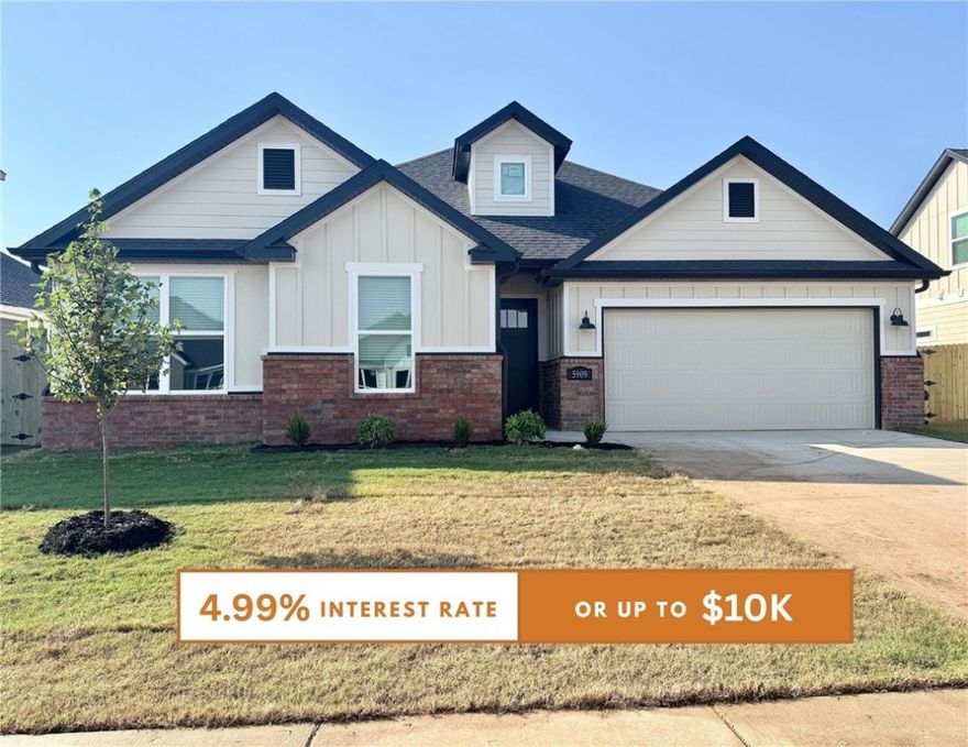 Fence, blinds and gutters included! Discover your dream home in the sought-after Osage Hills neighborhood. Clinton plan with garage on the right & North facing! 9 ft ceilings, linear electric fireplace in the living room, LVP flooring throughout the main living areas and primary bedroom, quartz countertops and more. Chef's kitchen boasting frigidaire stainless steel appliances, gas range, pantry, quartz countertops, bar pull handles, large island and gorgeous backsplash. Luxurious primary bedroom features abundant natural light, while the spa-like primary bathroom offers a walk-in shower, double sinks and spacious walk-in closets. Two secondary bedrooms on the main level, a 4th bedroom upstairs that would be a perfect bonus room & a separate laundry room. Nestled on a generous lot with covered patio that overlooks the serene sodded, fully fenced backyard. Sturdy concrete siding & brick! Model home located at 6008 SW Coywolf St- Lot 122.