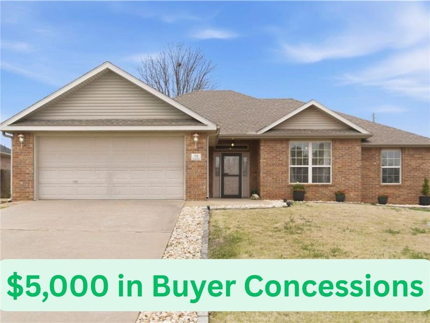 Bright and inviting right when you walk through the front door, well-maintained, and ready for its next owner, this home offers an inviting layout with soaring cathedral ceilings that enhance the sense of space in the main living area, anchored by a cozy gas fireplace. The kitchen provides excellent prep space with pantry, abundant cabinetry, and a window over the sink that brings in natural light. Step outside to a generously sized covered patio overlooking a spacious, level backyard—ideal for entertaining or everyday enjoyment. Recent improvements include a tankless water heater, HVAC system with UV air purification, 2022 roof, updated garage door motor with new rollers, and a newer dishwasher, along with smart features like a Ring doorbell and Google Nest. Conveniently located near I-49 and Highway 102 with quick access to downtown Bentonville, this home blends comfort, functionality, and location. Refrigerator, washer, dryer convey. $3,000 preferred lender credit.