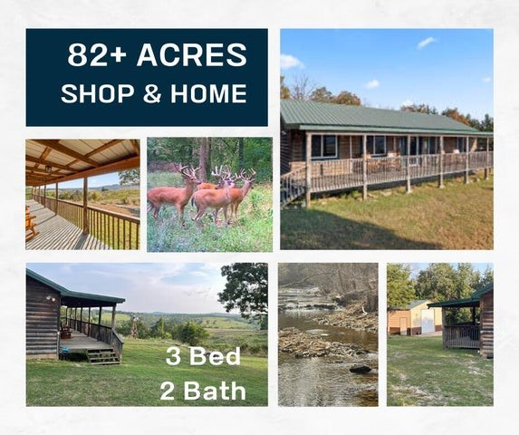 Are you looking for that perfect cabin nestled in the woods with a beautiful view and wooded acreage? This property boasts abundant wildlife on the 82+ acres with a year-around creek. Step on to the front porch to see the gorgeous landscape of the countryside surrounding the property. This property comes with a 24 x 26 shop building with electric and concrete floors for all your adventurous ideas and storage. Inside find an inviting log home with fireplace and comfy-style living with the living/dining combo and galley-style kitchen. The main bedroom is split from the other two bedrooms and bath for peace and quiet from guests or family. Outside on the back deck enjoy morning coffee and the sunrise or sit a spell on the front porch and watch the sunset over the Ozarks Hills. If you have ever wanted a cabin in the woods, this is it!