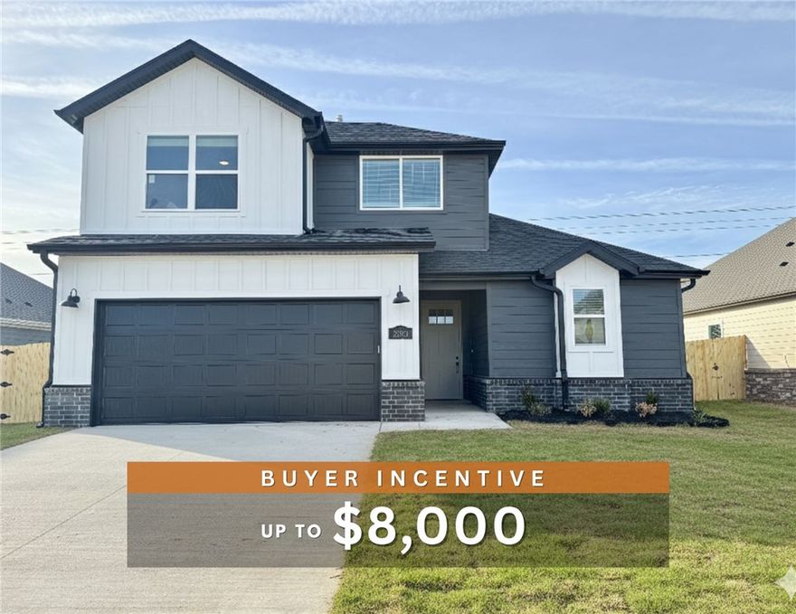 Fence, blinds and gutters included! Discover your dream home in the new neighborhood- Jacob's Crossing. Aiden plan with garage on the left and North facing! 9 ft ceilings, linear electric fireplace in the living room, LVP flooring throughout the main living areas and primary bedroom, quartz countertops and more. Chef's kitchen boasting frigidaire stainless steel appliances, gas range, pantry, quartz countertops, bar pull handles, tons of counter space and gorgeous backsplash. Luxurious primary bedroom features abundant natural light, while the spa-like primary bathroom offers a walk-in shower, double sinks, and spacious walk-in closets. Additional features include three large secondary bedrooms upstairs and a functional laundry room. Nestled on a generous lot with covered patio that overlooks the serene sodded, fully fenced backyard. Sturdy concrete siding! Model home located at 3631 Tranquility St- Lot 1.