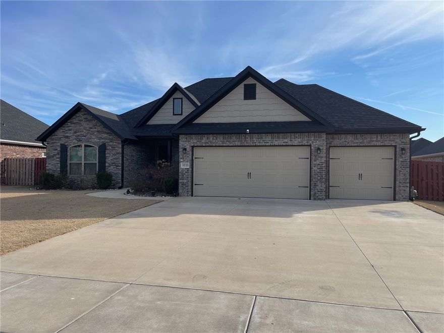 Smartly designed, open concept, One level Home in Tontitown's South Pointe S/D. 4 bedrooms, 2 1/2 bathrooms, open kitchen to living room and dining, Amenities include hardwood floors, carpet in bedrooms, granite countertops, 2" faux blinds, fully fenced in backyard, gutters, cover back porch that is plumbed with gas for your grill, and wired for cable and electric for your TV, 3 car garage. Concrete patio was extended for extra entertainment space. Enjoy the neighborhood pool and Park.