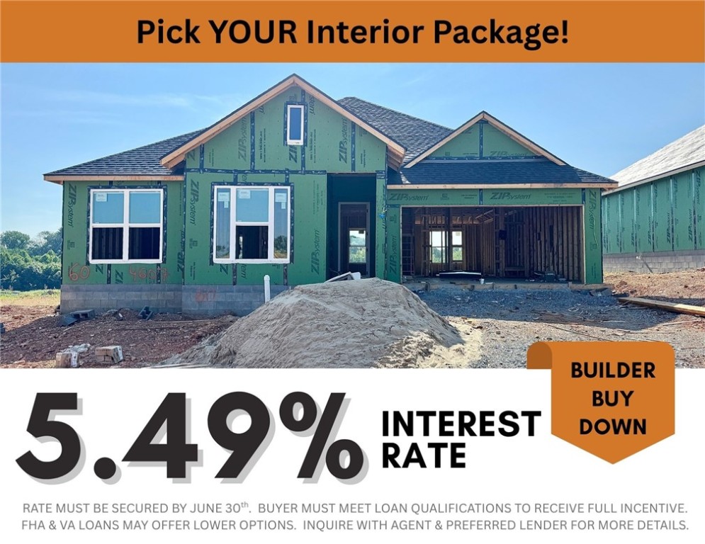 5.49% INTEREST RATE/BUILDER BUY DOWN & fence, blinds and gutters included! Discover your dream home in the sought-after Osage Hills neighborhood. Buyer can pick their interior packages/finishes! Arkansas plan with garage on the right and West facing! 10 ft ceilings in the living/kitchen area, linear electric fireplace, 1 level, LVP flooring throughout the main living areas and primary bedroom, quartz countertops and more. Chef's kitchen boasting frigidaire stainless steel appliances, gas range, pantry, quartz countertops, bar pull handles, large island and gorgeous backsplash. Luxurious primary bedroom features abundant natural light, while the spa-like primary bathroom offers a walk-in shower, double sinks, and spacious walk-in closets. Additional features include two large secondary bedrooms and a separate laundry room. Nestled on a generous lot with covered patio that overlooks the serene sodded, fully fenced backyard. Sturdy concrete siding & brick! Model home located at 6008 SW Coywolf St- Lot 122.