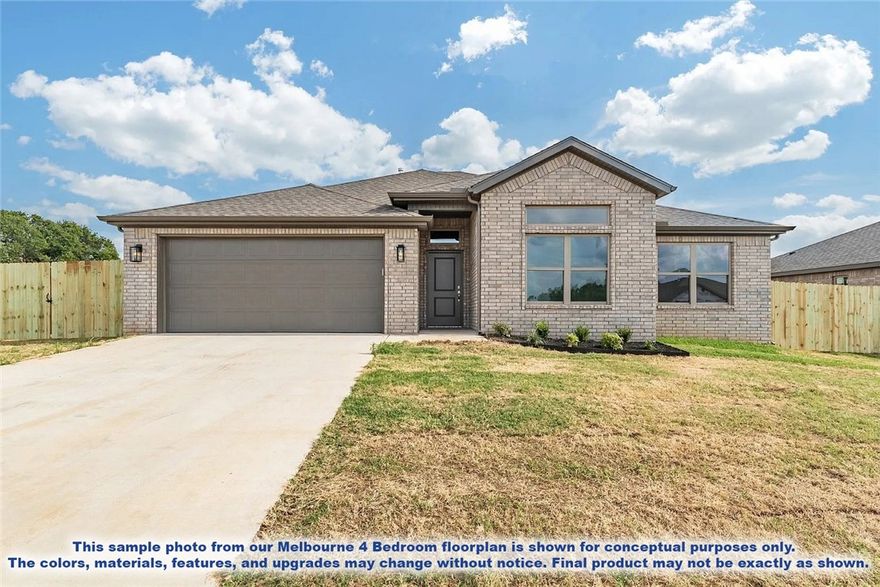 This home is based on the Melbourne 4 plan. This charming 4-bedroom, 2-bath home offers a spacious and functional layout designed for comfortable living. The open living and dining areas provide the perfect setting for relaxation or entertaining, while the modern kitchen features generous counter space, quality appliances, a pantry, and a nearby laundry room for added convenience. The primary suite includes a private en-suite bath with a walk-in shower, while the remaining bedrooms are thoughtfully separated and share a full bathroom. Step outside to enjoy a covered porch and patio-ideal for outdoor gatherings or quiet mornings. The attached garage offers space for parking and storage. With its thoughtful design and modern features, this home is a perfect blend of comfort, style, and practicality.