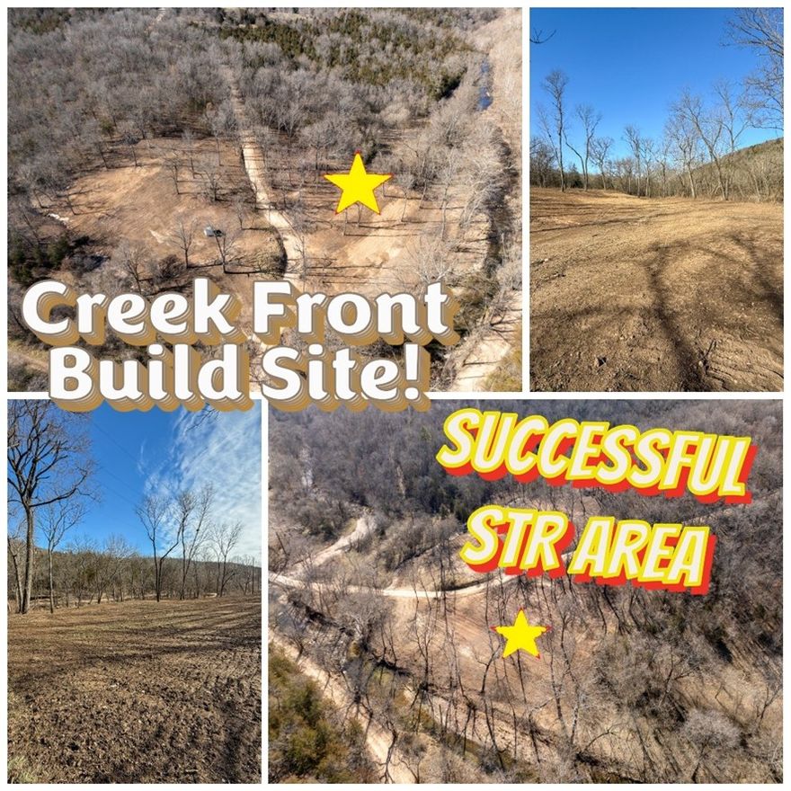 Investor Alert - Creekfront Acreage with NO RESTRICTIONS Near Major Attractions! Even room for multiple units. 3 cleared acres with beautiful creek frontage, located near Table Rock Lake, Cricket Creek Marina and minutes from Thunder Ridge Arena and Top of the Rock. This property is perfectly positioned for short-term rental cabins, vacation retreats, or a mini resort. This area is already known for strong rental demand from lake visitors, concertgoers, and outdoor enthusiasts, giving investors the opportunity to capitalize on consistent tourism traffic. The land is cleared and ready for development, allowing you to build your dream cabin(s), in the woods or take advantage of available build options to get your project started quickly. See Photos and Documents for details on some options. Whether you're looking to launch a vacation rental, expand your STR portfolio, or secure land in a rapidly growing recreational area, this scenic creekfront property offers the flexibility and location investors are searching for.