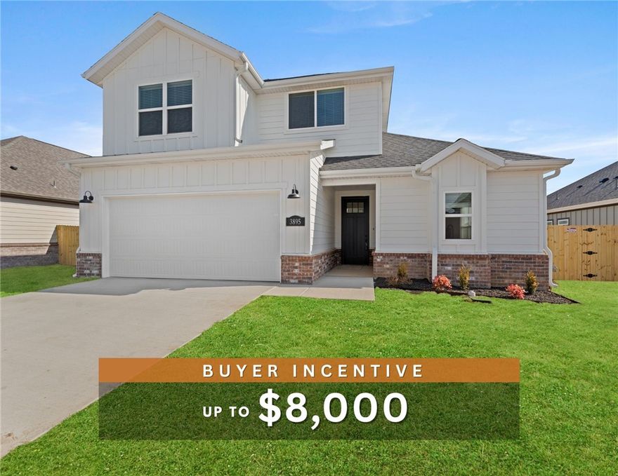 Fence, blinds and gutters included! Discover your dream home in the new neighborhood- Jacob's Crossing. Aiden plan with garage on the left and West facing! 9 ft ceilings, linear electric fireplace in the living room, LVP flooring throughout the main living areas and primary bedroom, quartz countertops and more. Chef's kitchen boasting frigidaire stainless steel appliances, gas range, pantry, quartz countertops, bar pull handles, tons of counter space and gorgeous backsplash. Luxurious primary bedroom features abundant natural light, while the spa-like primary bathroom offers a walk-in shower, double sinks, and spacious walk-in closets. Additional features include three large secondary bedrooms upstairs and a functional laundry room. Nestled on a generous lot with covered patio that overlooks the serene sodded, fully fenced backyard. Sturdy concrete siding! Model home located at 3631 Tranquility St- Lot 1.