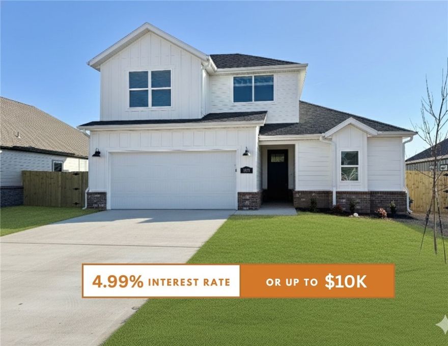 Fence, blinds and gutters included! Discover your dream home in the new neighborhood- Jacob's Crossing. Aiden plan with garage on the left and West facing! 9 ft ceilings, linear electric fireplace in the living room, LVP flooring throughout the main living areas and primary bedroom, quartz countertops and more. Chef's kitchen boasting frigidaire stainless steel appliances, gas range, pantry, quartz countertops, bar pull handles, tons of counter space and gorgeous backsplash. Luxurious primary bedroom features abundant natural light, while the spa-like primary bathroom offers a walk-in shower, double sinks, and spacious walk-in closets. Additional features include three large secondary bedrooms upstairs and a functional laundry room. Nestled on a generous lot with covered patio that overlooks the serene sodded, fully fenced backyard. Sturdy concrete siding! Model home located at 3631 Tranquility St- Lot 1.