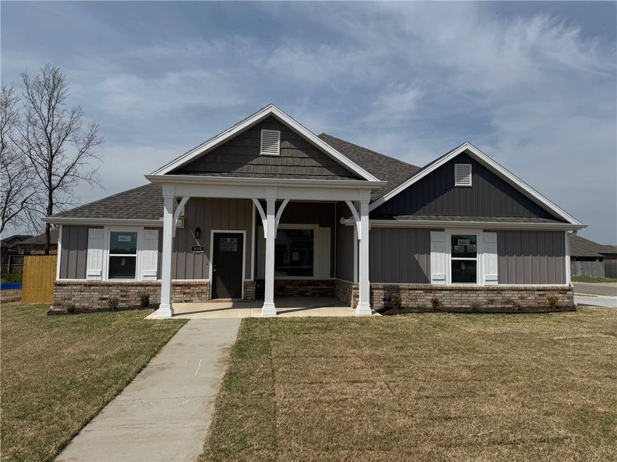 New craftsman style home in Prairie Grove! 1720 SF, 3 BR, 2 BA, 3 car garage plus built-in book shelves in the living room, gas fireplace, wood vinyl flooring, large kitchen island, nice pantry, large covered patio. Fenced backyard, fully sodded yard, corner lot.