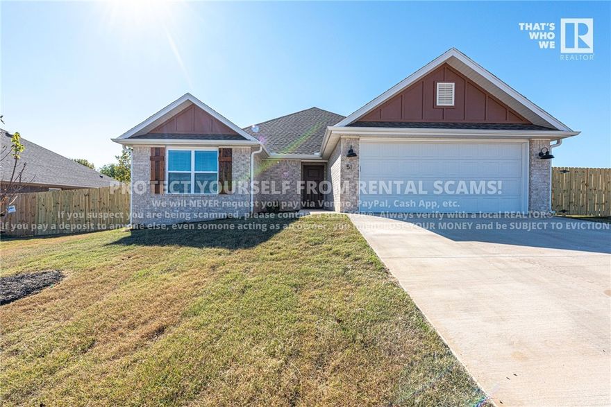 COMING SOON! Available approx. 4/15/26! Check out this new construction 3 bedroom 2 bathroom house located just minutes away from eateries, schools, parks, frisbee golf course, tennis courts, and a short drive from the University of Arkansas! Head inside from the partially covered front porch into beautiful living room featuring a gas log fireplace, cathedral ceiling, and ceramic tile flooring! Flow over to the eat in kitchen with a peninsula, white cabinetry, and granite countertops! Check out the primary bedroom with tray ceiling, carpet flooring, walk in closet , and private ensuite with double sink vanity & walk in shower! Relax and enjoy some outdoor privacy in the spacious, fenced in backyard with a covered back patio! *Available date may change. Property is tenant occupied - do not disturb the tenant. **Tenant is responsible for all utilities and lawn care/maintenance.