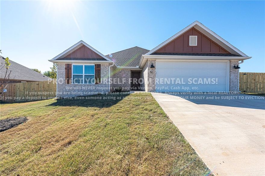 COMING SOON! Available approx. 4/15/26! Check out this new construction 3 bedroom 2 bathroom house located just minutes away from eateries, schools, parks, frisbee golf course, tennis courts, and a short drive from the University of Arkansas! Head inside from the partially covered front porch into beautiful living room featuring a gas log fireplace, cathedral ceiling, and ceramic tile flooring! Flow over to the eat in kitchen with a peninsula, white cabinetry, and granite countertops! Check out the primary bedroom with tray ceiling, carpet flooring, walk in closet , and private ensuite with double sink vanity & walk in shower! Relax and enjoy some outdoor privacy in the spacious, fenced in backyard with a covered back patio! *Available date may change. Property is tenant occupied - do not disturb the tenant. **Tenant is responsible for all utilities and lawn care/maintenance.