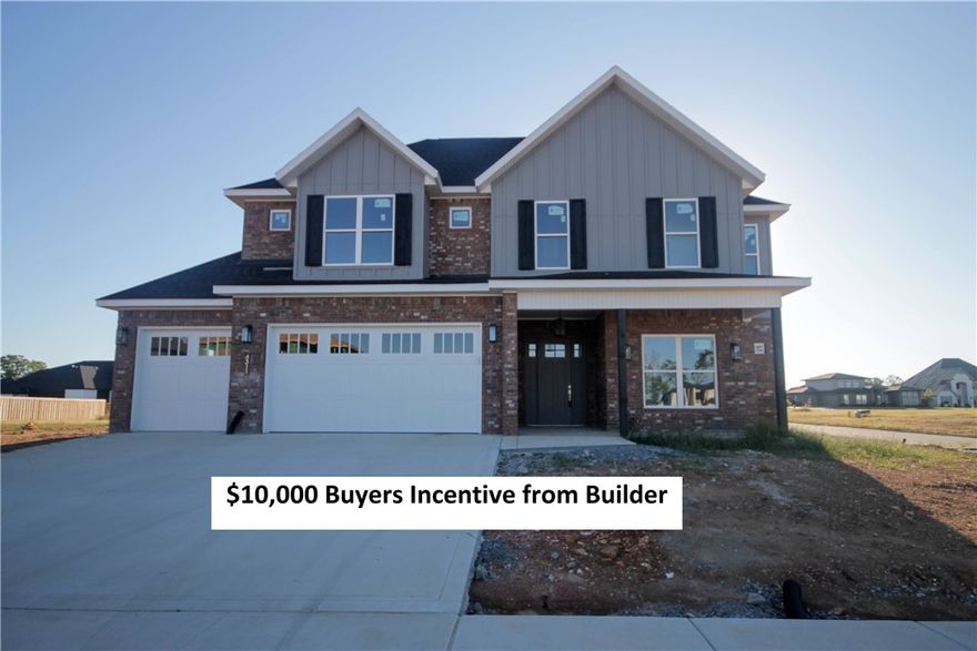 $10K Buyers Incentive from Builder. Use how you want for closing cost, pre-paids, interest rate buy down or approved upgrades. Beautiful modern farmhouse style new construction home in the gated community of Scissortail. Tons of extras in this home including pre-wired bonus/media
room with wetbar, hardwood floors, shiplap accents throughout, built in cubbies, and home audio in major rooms. Large living room with vaulted ceiling, corner gas fireplace and tons of natural light streaming in. Kitchen has huge island with a veggie sink, granite, double ovens, and pantry. Eat-in dining area with custom exposed wood ceiling and built ins.  Large master bedroom with
curved wall full of windows and master bathroom with a beautifully tiled walk in shower, soaking tub and a walk in
closet. Study with french doors and custom wood beams. Secondary bedroom on the main level. The perfect covered back patio with a
spacious backyard on a corner lot! Conveniently located within walking distance of the Bentonville Schools.