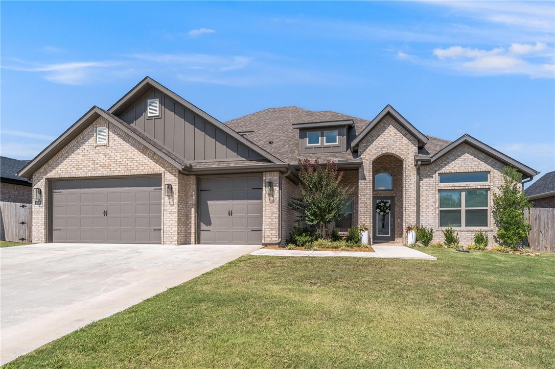 Built in 2023, this like-new 4-bedroom, 3-bath home was designed with a spacious and functional layout including an open floor plan, a dedicated office, and a bonus room. The kitchen features an island that overlooks the living room and a walk-in pantry. An open living room has ample space for seating and a gas fireplace. Guestroom has a beautiful feature wall and connecting bathroom. Two additional bedrooms share a bath and are located off the bonus room. Engineered hardwood floors in the main areas and granite countertops throughout. This home has great storage- drop zone off the garage, walk-in storage closet upstairs, and ample walk-out floored attic space. Gemstone architectural and holiday lighting is an added upgrade. Covered patio with gas fireplace. Conveniently located less than 5 minutes from Shaw Park and close to the I-49 Elm Springs and Wagon Wheel exits, you can quickly access all of NWA! Zoned for Bernice Young Elementary.