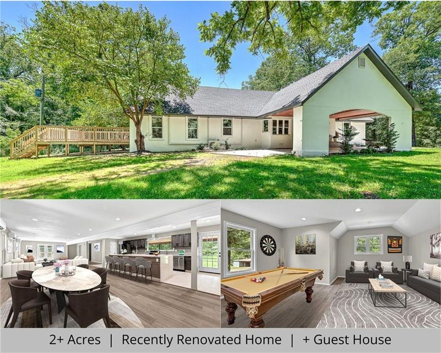 Discover modern living on 2+/- acres in beautiful NW Arkansas. This fully renovated home features a brand-new roof, fresh paint, and stunning LVP flooring throughout. The all-new HVAC system complements the updated kitchen, which boasts stainless steel appliances and a large island that seamlessly flows into the spacious great room and new deck. The primary suite offers a custom bathroom, walk-in closet, and the potential for a second-story deck. Ideal for guests or extended family, the fully-equipped guest house can also serve as an in-law apartment or STR. Enjoy peaceful wooded surroundings, nearby trails and a metal barn. Plus, with the adjacent lot available, the possibilities are endless. This is more than just a home—it’s the opportunity to create the lifestyle you’ve always wanted. Don’t let this unique property slip away—schedule a showing today and see for yourself!