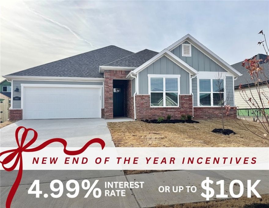 Discover your dream home in the sought-after Osage Hills neighborhood. Benton plan with garage on the left and North facing! 10 ft ceilings in the living/kitchen area, linear electric fireplace in the living, 1 level, LVP flooring throughout the main living areas and primary bedroom, quartz countertops and more. Chef's kitchen boasting frigidaire stainless steel appliances, gas range, pantry, quartz countertops, bar pull handles, large island and gorgeous backsplash. Luxurious primary bedroom features abundant natural light, while the spa-like primary bathroom offers a walk-in shower, double sinks, and spacious walk-in closets. Additional features include three large secondary bedrooms and a separate laundry room. Nestled on a generous lot with covered patio that overlooks the serene sodded, fully fenced backyard. Model home located at 6008 SW Coywolf St- Lot 122.