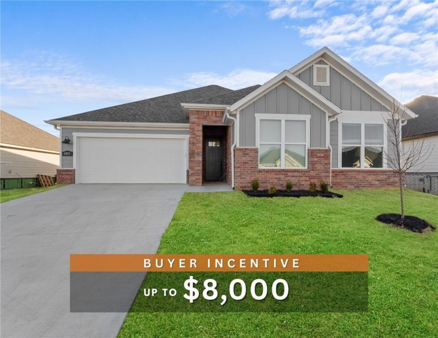 Discover your dream home in the sought-after Osage Hills neighborhood. Benton plan with garage on the left and North facing! 10 ft ceilings in the living/kitchen area, linear electric fireplace in the living, 1 level, LVP flooring throughout the main living areas and primary bedroom, quartz countertops and more. Chef's kitchen boasting frigidaire stainless steel appliances, gas range, pantry, quartz countertops, bar pull handles, large island and gorgeous backsplash. Luxurious primary bedroom features abundant natural light, while the spa-like primary bathroom offers a walk-in shower, double sinks, and spacious walk-in closets. Additional features include three large secondary bedrooms and a separate laundry room. Nestled on a generous lot with covered patio that overlooks the serene sodded, fully fenced backyard. Model home located at 6008 SW Coywolf St- Lot 122.