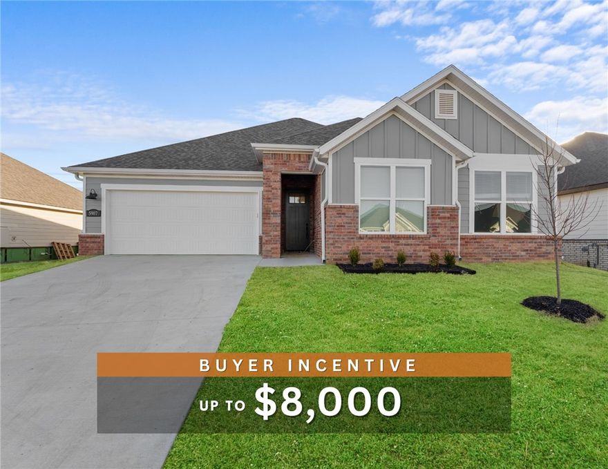 Discover your dream home in the sought-after Osage Hills neighborhood. Benton plan with garage on the left and North facing! 10 ft ceilings in the living/kitchen area, linear electric fireplace in the living, 1 level, LVP flooring throughout the main living areas and primary bedroom, quartz countertops and more. Chef's kitchen boasting frigidaire stainless steel appliances, gas range, pantry, quartz countertops, bar pull handles, large island and gorgeous backsplash. Luxurious primary bedroom features abundant natural light, while the spa-like primary bathroom offers a walk-in shower, double sinks, and spacious walk-in closets. Additional features include three large secondary bedrooms and a separate laundry room. Nestled on a generous lot with covered patio that overlooks the serene sodded, fully fenced backyard. Model home located at 6008 SW Coywolf St- Lot 122.