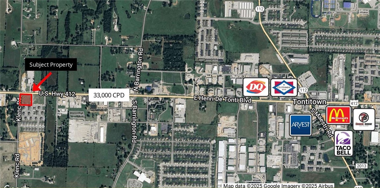 Discover an investment opportunity in Tontitown, Arkansas! This 2.05 acre property is ideally situated for a fast food restaurant, convenience store, or bank. With its prime location and expansive acreage, this property presents ample potential for commercial development!
33,000 CPD on Henri De Tonti Blvd - Excellent for fast food restaurant, convenience store, or bank - Ingress from two vertical streets - Traffic light to be installed at Klenc Rd Intersection - High visibility and easy access from Hwy 412 & Henri De Tonti Blvd - Proximity to major highways and residential neighborhoods - Surrounded by established businesses and commercial development.