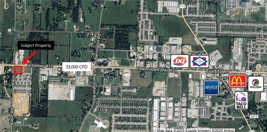 Discover an investment opportunity in Tontitown, Arkansas! This 2.05 acre property is ideally situated for a fast food restaurant, convenience store, or bank. With its prime location and expansive acreage, this property presents ample potential for commercial development!
33,000 CPD on Henri De Tonti Blvd - Excellent for fast food restaurant, convenience store, or bank - Ingress from two vertical streets - Traffic light to be installed at Klenc Rd Intersection - High visibility and easy access from Hwy 412 & Henri De Tonti Blvd - Proximity to major highways and residential neighborhoods - Surrounded by established businesses and commercial development.