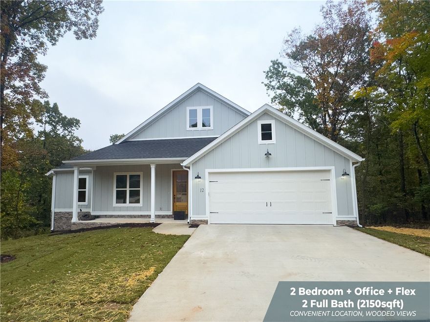 Discover this beautiful new construction home tucked into a peaceful central Bella Vista setting. With roughly 2,150 sq ft, it features two bedrooms, two full baths, an office, and a flex room ideal for work, hobbies, or guests. The gently sloping 0.27-acre lot offers a great balance of wooded privacy and low-maintenance outdoor space, complete with a wood patio deck and crawlspace foundation for lasting comfort.
Located just minutes from the best of Bella Vista, you’ll find Lake Avalon and Lake Windsor within 5–7 minutes, perfect for fishing or kayaking. The Central bike trails off Lancashire are under 5 minutes away, and Bella Vista Country Club Golf Course is about 7 minutes. Everyday conveniences like Walmart and the Walmart Corporate Offices in Bentonville are just a short 15–20 minute drive, offering the perfect mix of peaceful living and accessibility.