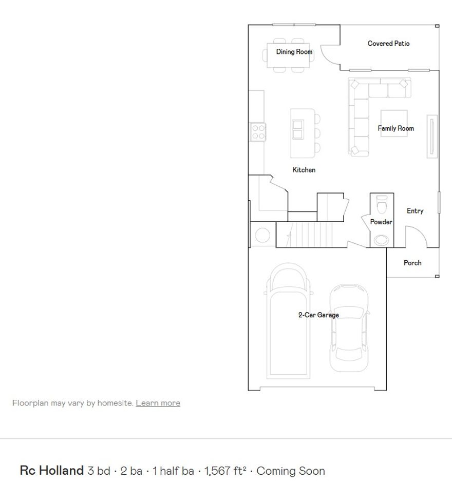 Introducing The Holland—a thoughtfully designed new home offers 1,567 square feet of comfortable, modern living across two well-planned floors. Featuring 3 bedrooms, 2.5 bathrooms, and a spacious 2-car garage, the layout balances functionality with style. The main level is anchored by a welcoming family room that flows seamlessly into a multifunctional kitchen and dining area, creating an open-concept space ideal for both everyday living and entertaining. A convenient half bath is also located on the first floor, along with access to a covered rear patio—perfect for relaxing or hosting outdoors. Upstairs, all three bedrooms are thoughtfully positioned for privacy and convenience. A versatile loft provides additional living space that can be used as a home office, media area, or playroom. The owner’s suite offers a tranquil retreat, complete with a private bathroom and a generous walk-in closet, while the secondary bedrooms share a well-appointed full bath.