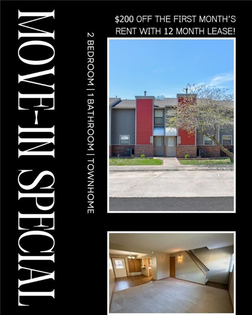 MOVE IN SPECIAL- $200 off the 1st month's rent after signing a 12-month lease. This spacious 2- bedroom 1-bathroom townhome has many features to enjoy! All appliances are furnished, including washer and dryer. The main level features the living room, dining room, laundry and kitchen. Upstairs, you'll find two spacious bedrooms and the bathroom. This townhome is located near the park with pickleball courts, trails, playgrounds, basketball, skateboarding and volleyball; John Brown University, and downtown shopping and restaurants. Clean and efficient, this townhome is ready for a new Resident. Call to schedule your tour today. Agent owned.