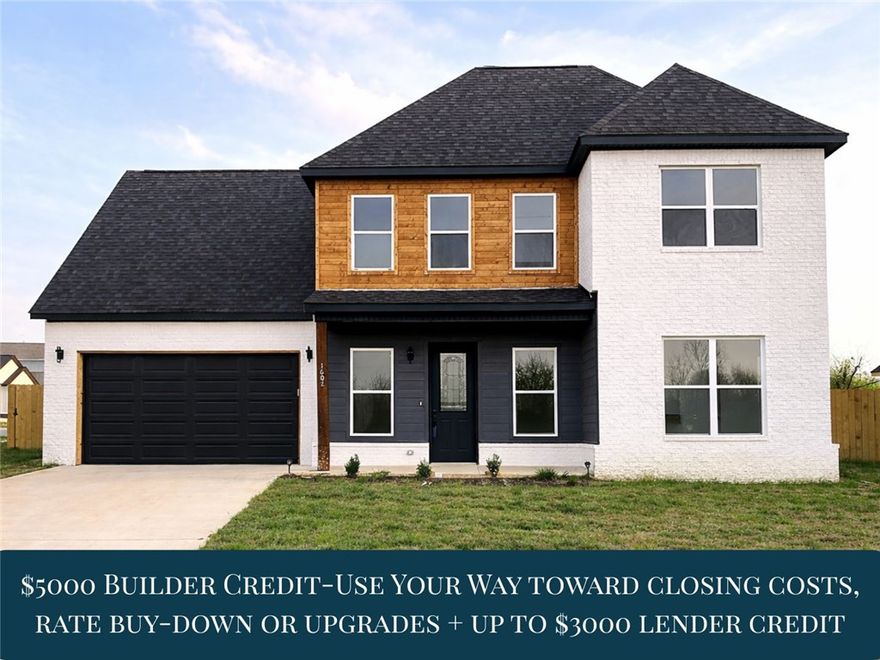 $5000 Builder Incentive to Use Your Way - toward closing costs, rate buy-down or upgrades! $3000 lender credit (with preferred lender).
Beautiful new construction in the heart of Rogers featuring 4 bedrooms, 2.5 bathrooms, and a versatile upstairs bonus room. This thoughtfully designed home offers an open-concept layout with a bright eat-in kitchen that flows seamlessly into the main living space—perfect for both everyday living and entertaining. You’ll also find abundant storage and modern finishes throughout. Conveniently located within walking distance of the Rogers Aquatic Center and just minutes from shopping, dining, entertainment, and I-49, this home offers the perfect combination of comfort, style, and location. Don’t miss your chance to see this one!
