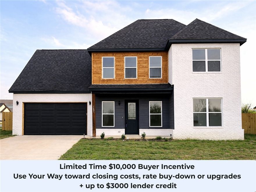 Limited time $10,000 builder incentive to Use Your Way - toward closing costs, rate buy-down or upgrades, for contracts accepted on or before 5/15/26!
$3000 lender credit (with preferred lender).
Beautiful new construction in the heart of Rogers featuring 4 bedrooms, 2.5 bathrooms, and a versatile upstairs bonus room. This thoughtfully designed home offers an open-concept layout with a bright eat-in kitchen that flows seamlessly into the main living space—perfect for both everyday living and entertaining. You’ll also find abundant storage and modern finishes throughout. Conveniently located within walking distance of the Rogers Aquatic Center and just minutes from shopping, dining, entertainment, and I-49, this home offers the perfect combination of comfort, style, and location. Don’t miss your chance to see this one!