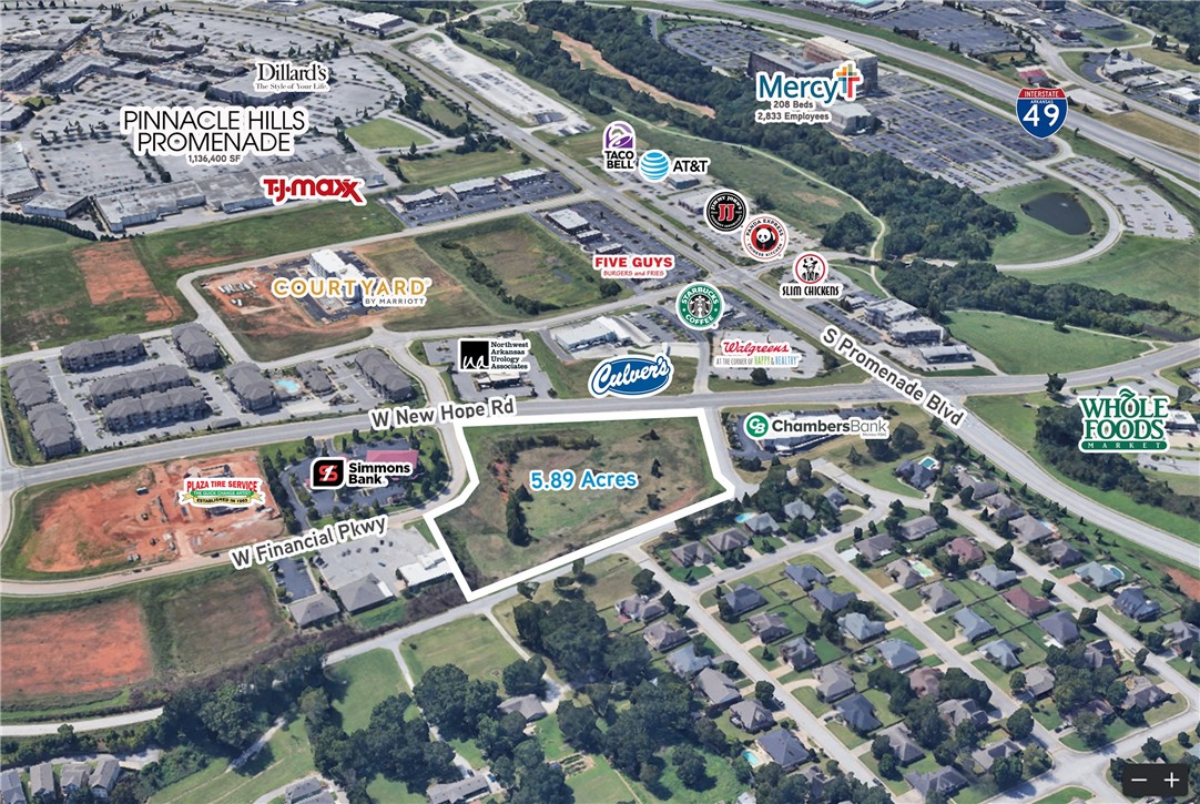 Rare land tract available in the Pinnacle Hills area, just off of I-49. Property is surrounded by major traffic generators including Mercy Hospital, Pinnacle Hills Promenade, and the new Whole Foods anchored development. One of the best located tracts of property in Northwest Arkansas.
