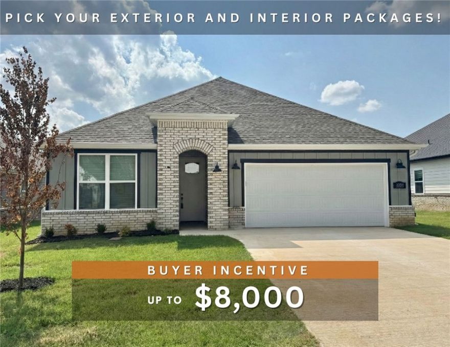 Colby plan with 1 level, garage on the right and East facing! Select your exterior & interior packages! 9 ft ceilings, linear electric fireplace, LVP flooring throughout the main living areas and master bedroom, quartz countertops and more. Chef's kitchen boasting frigidaire stainless steel appliances, gas range, pantry, quartz countertops, bar pull handles, large island and gorgeous backsplash. Luxurious master bedroom features abundant natural light, while the spa-like master bathroom offers a walk-in shower, double sinks, tub, and spacious walk-in closets. Additional features include a formal dining room, three large secondary bedrooms and a functional laundry room. Nestled on a generous lot with covered patio that overlooks the serene sodded, fully fenced backyard. Sturdy concrete siding! Model home located at 3631 Tranquility St- Lot 1.