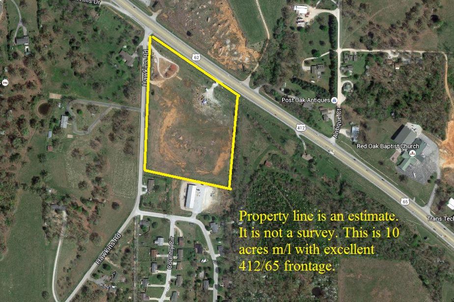 High visibility for your business with 737 feet of 412/62/65 frontage. This is a great commercial location at the corner of 62/65 and Hawkins road. You'll have paved access on two sides.