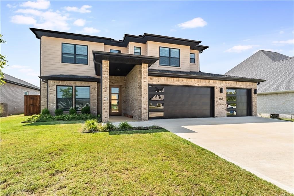 Welcome to your next home in Bentonville’s newer subdivision of Aurora! Quality built with beautiful modern fixtures, stunning accent walls, custom cabinets, quartz counters, black plumbing fixtures, hardwood floors, and modern light fixtures. Open living area to kitchen featuring gas cooktop and top of the line appliances. Main level office or great flex room! Upstairs game/media room wired for sound or optional bedroom. Smart home Electronics and security system Covered back patio and three car garage. Future neighborhood amenities to include 2 Pools, Playground, Sportscourt and Open-Air Clubhouse.