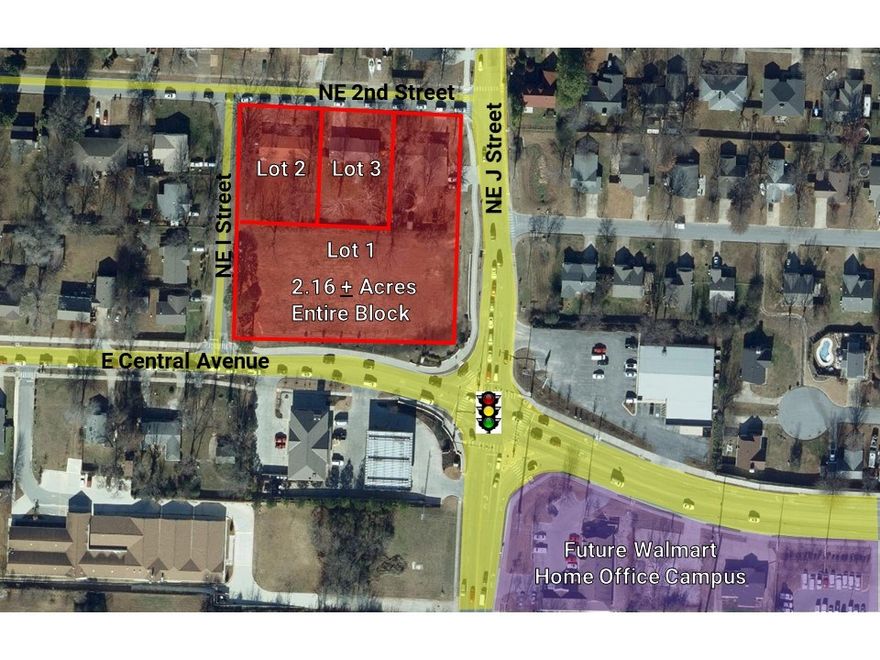 2.16 +/- Acres located on E Central Avenue near Downtown Bentonville and Crystal Bridges Museum. C-1 Commercial and R-1 Residential Zonings. Frontage on E Central Avenue, NE J Street, NE 2nd Street, and NE I Street. Three lots for sale.  Lot 1 - $1,900,000 Lot 2 - $400,000 Lot 3 - $600,000.