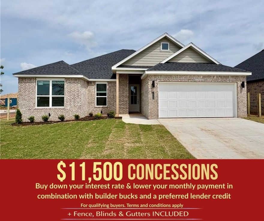 Welcome to Yorktown Subdivision, where traditional charm meets modern design in the heart of Pea Ridge. The Sparrow floor plan offers 1,660 sq ft of efficient, stylish living space featuring 4 bedrooms, 2 bathrooms, a 2-car garage, and all on one level.This home is designed with both comfort and quality in mind. Enjoy an insulated garage door and walls for improved energy efficiency and year-round comfort. The bathrooms showcase tile extending all the way to the ceiling, creating a sleek, upscale look that’s also easy to maintain. In the kitchen, a gas cooktop with an exterior-vented hood delivers high-performance cooking and ventilation.For a limited time, Lower your interest rate with $5,000 from the builder + $2,500 appliance allowance + up to 4k in closing costs from select lenders. For a total of up to 11,500K with lender incentives. Fence, blinds, and gutters are all included.