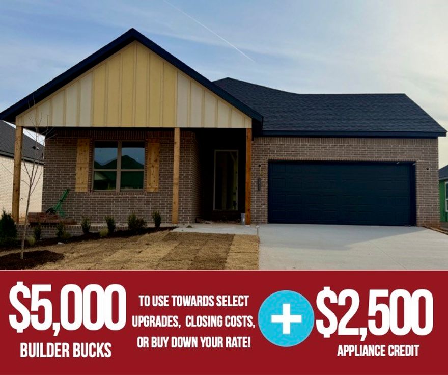 Discover Yorktown Subdivision in Pea Ridge — where classic design meets modern living.Welcome to the Cardinal plan, this open-concept layout seamlessly connects the living, kitchen, and dining areas, featuring durable LVP flooring throughout the main living spaces.Enjoy thoughtful upgrades like fully insulated garage doors and walls for enhanced energy efficiency and year-round comfort, plus a striking 8-foot front door that creates an impressive entry and fills the home with natural light.The kitchen and living areas are perfect for entertaining, while the private spaces shine with carpeted bedrooms, tiled bathrooms, and a tiled utility room. The primary bedroom is a true retreat, highlighted by elegant ceiling beams that add warmth and character. For a limited time, Lower your interest rate with $5,000 from the builder + $2,500 appliance allowance + up to 4k in closing costs from select lenders. For a total of up to 11,500K with lender incentives. Fence, blinds, and gutters are all included.