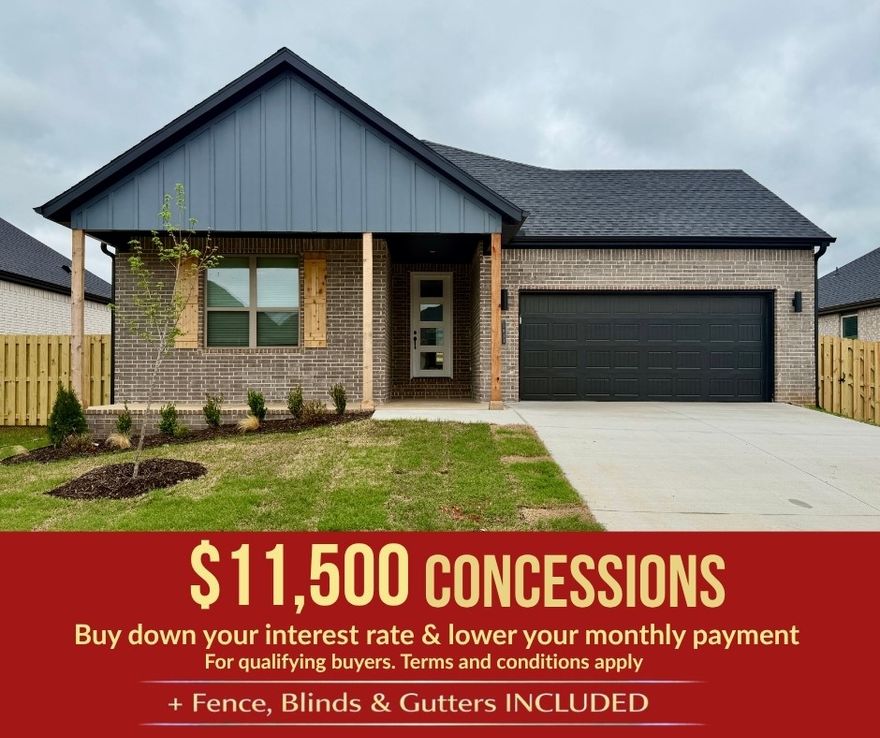 Discover Yorktown Subdivision in Pea Ridge — where classic design meets modern living.Welcome to the Cardinal plan, this open-concept layout seamlessly connects the living, kitchen, and dining areas, featuring durable LVP flooring throughout the main living spaces.Enjoy thoughtful upgrades like fully insulated garage doors and walls for enhanced energy efficiency and year-round comfort, plus a striking 8-foot front door that creates an impressive entry and fills the home with natural light.The kitchen and living areas are perfect for entertaining, while the private spaces shine with carpeted bedrooms, tiled bathrooms, and a tiled utility room. The primary bedroom is a true retreat, highlighted by elegant ceiling beams that add warmth and character. For a limited time, Lower your interest rate with $5,000 from the builder + $2,500 appliance allowance + up to 4k in closing costs from select lenders. For a total of up to 11,500K with lender incentives. Fence, blinds, and gutters are all included.