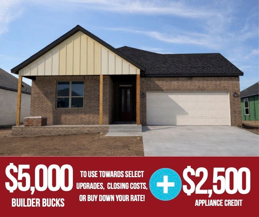 Discover Yorktown Subdivision in Pea Ridge — where classic design meets modern living.Welcome to the Cardinal plan, this open-concept layout seamlessly connects the living, kitchen, and dining areas, featuring durable LVP flooring throughout the main living spaces.Enjoy thoughtful upgrades like fully insulated garage doors and walls for enhanced energy efficiency and year-round comfort, plus a striking 8-foot front door that creates an impressive entry and fills the home with natural light.The kitchen and living areas are perfect for entertaining, while the private spaces shine with carpeted bedrooms, tiled bathrooms, and a tiled utility room. The primary bedroom is a true retreat, highlighted by elegant ceiling beams that add warmth and character. For a limited time, Lower your interest rate with $5,000 from the builder + $2,500 appliance allowance + up to 4k in closing costs from select lenders. For a total of up to 11,500K with lender incentives. Fence, blinds, and gutters are all included.