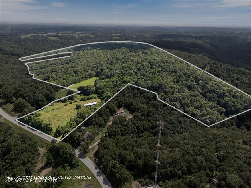 Incredible 110-acre mountain-top resort just 2 miles from downtown Eureka Springs and within an hour to Fayetteville, Bentonville or Branson. Situated atop scenic Pond Mountain—one of the highest points in the Ozarks—this unique property features two spring-fed, fish-stocked ponds with a boat house and expansive concrete pier with a wood deck, ideal for fishing or picnicking. The land is a mix of open fields and hardwood forest with trails, and a private gravel road with underground electric. Included are three homes: two A-frame cabins with lofts and a charming two-bedroom residence, plus a barn with horse stalls and a tack room. Currently income-producing with long-term and nightly rentals, each home with full kitchens, fireplaces, decks, and Jacuzzi tubs and offer multiple parking spots and RV space. Perfect for a retreat, short term rentals, homestead, or future development. Experience ultimate privacy with easy access to Northwest Arkansas' urban amenities. Schedule your private walking tour today!