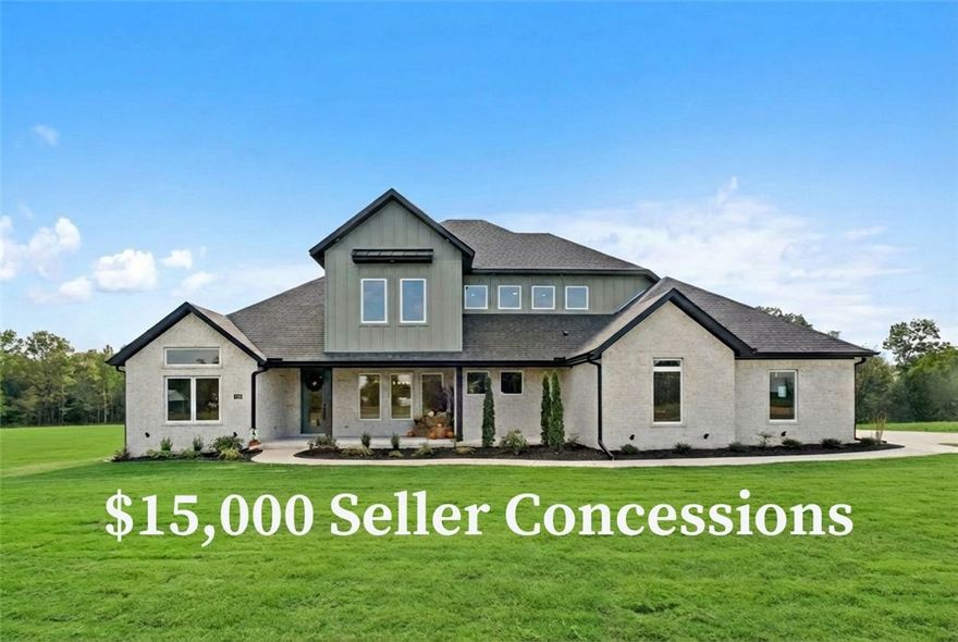 Located in a gated community, the Reserve at Serenity Ridge, this beautifully crafted 2-story home sits on a spacious 1-acre lot and is designed with luxury and functionality in mind. Featuring 4 generously sized bedrooms, 3.5 bathrooms, a dedicated office, and an upstairs media room complete with a wet bar —this home is perfect for entertaining or relaxing in style. From the moment you arrive, the inviting front porch makes a striking impression. Inside, the gourmet kitchen showcases quartz countertops, floor-to-ceiling custom cabinetry, upgraded stainless steel appliances, and has a hidden pantry—truly a chef’s dream. Enjoy year-round outdoor living on the covered back patio with a cozy brick fireplace and gas logs. Currently under construction with an estimated completion in mid to late October. Seller is offering $15,000 in concessions. Taxes are based on land only. Furnishings are AI-generated.